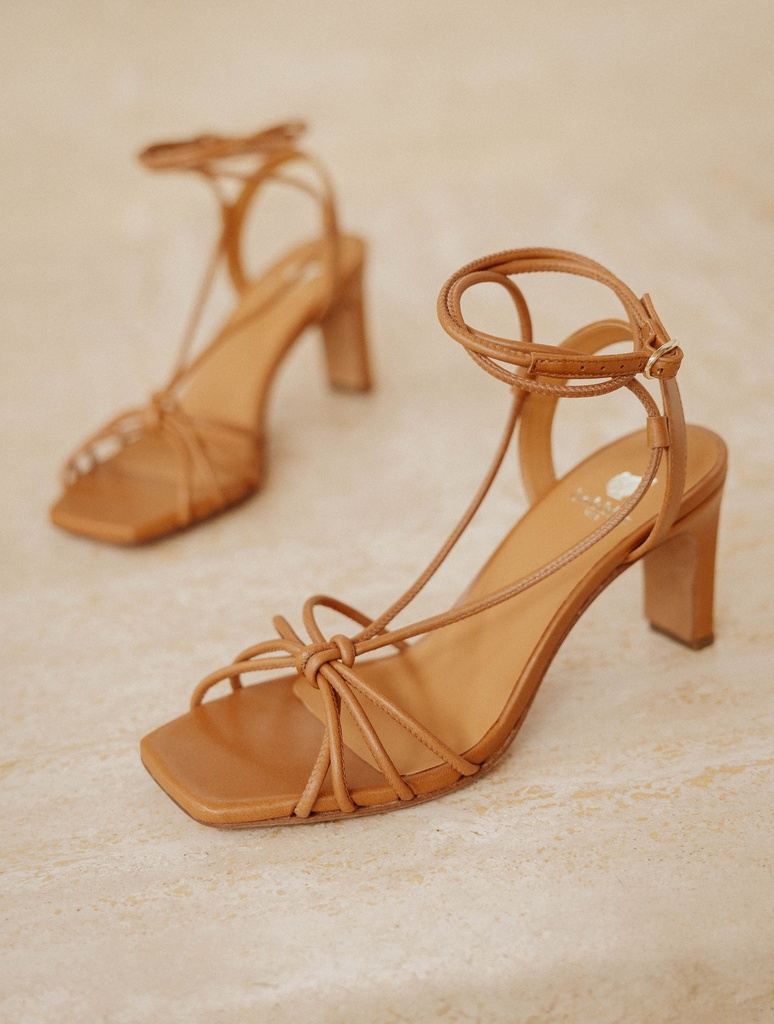Jenna Summer Camel - High-heeled sandals with thin straps wrapped around  the ankle in camel leather