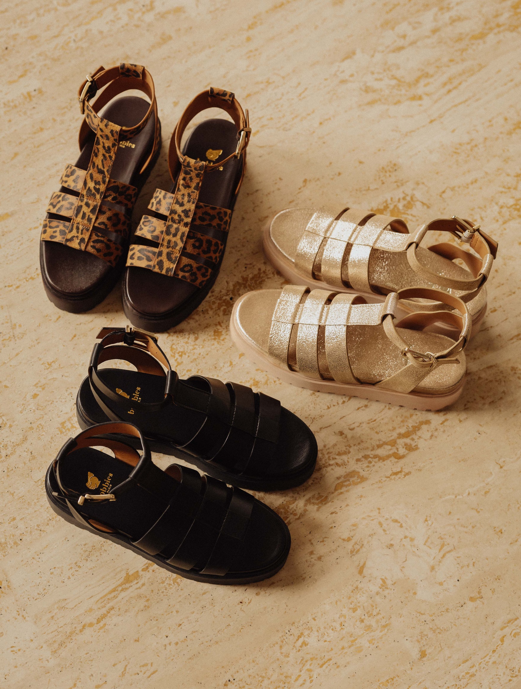 Sam Iridescent Champagne - Flat sandals with buckles in gold lamé ...