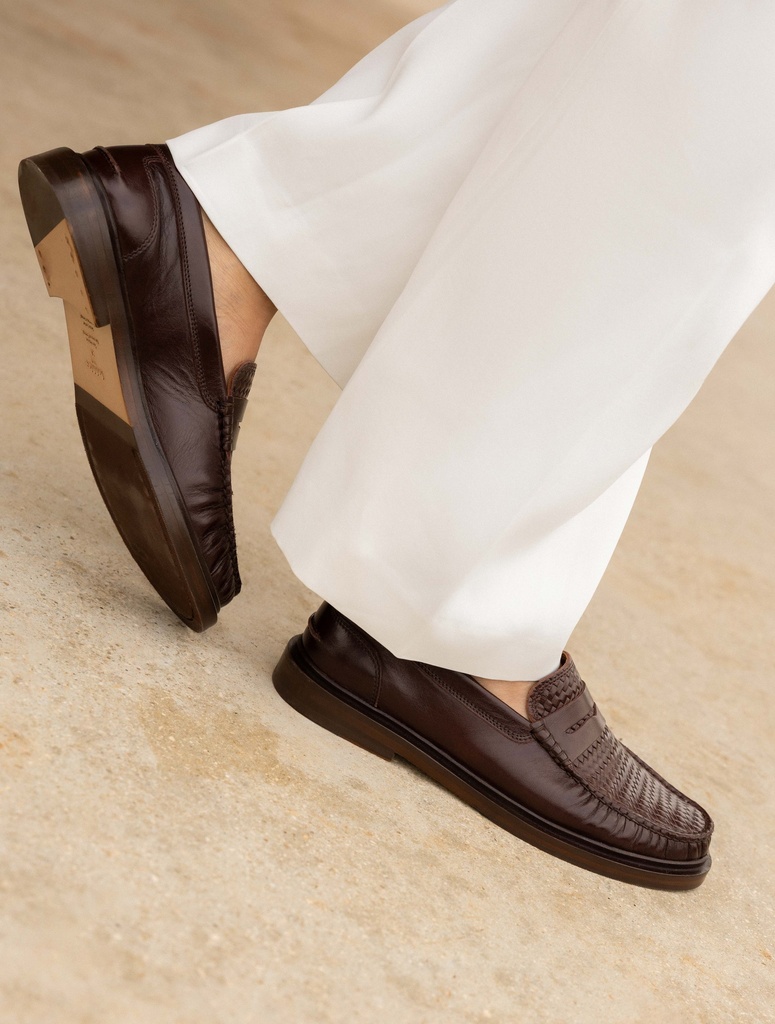 Women's brown woven leather pleated loafers | Jessie Irish Coffee