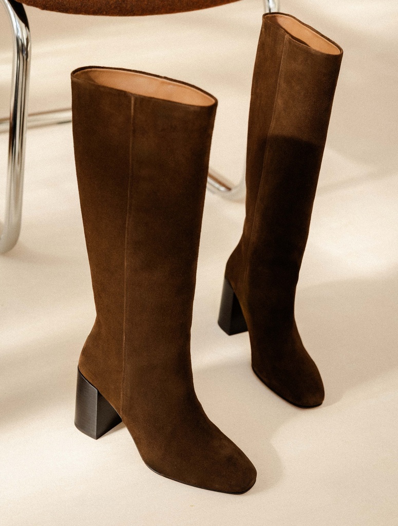 Women's high heel suede leather boots brown | Hisaé Rockies Brown