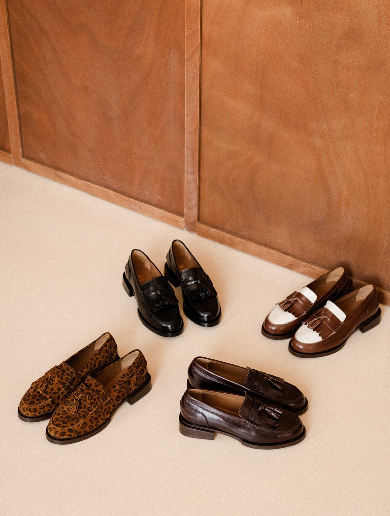 Women's fringe tassel bi colour leather loafers | Tammy Wild Leo